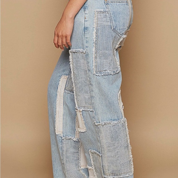 POL Blue and Cream Patchwork Boyfriend Jeans - Picture 3 of 6